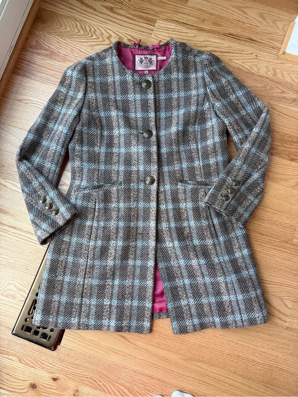 Juicy Couture Wool Plaid Coat Jacket Pink Lining XL Preppy Vintage Style